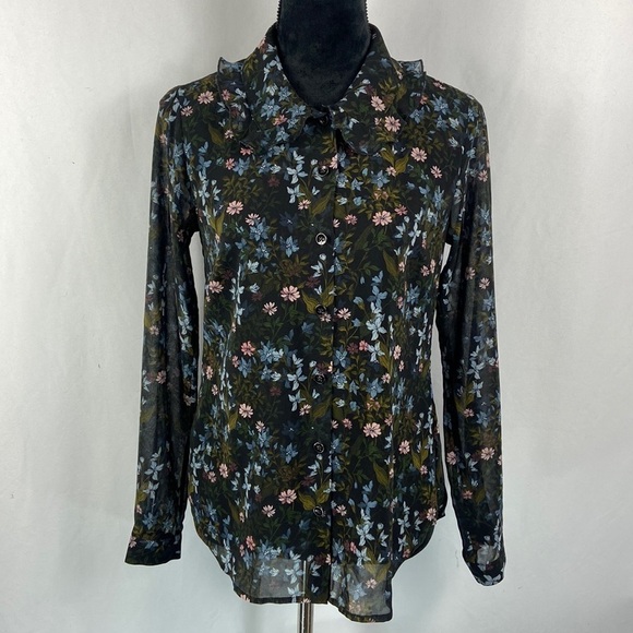 Cabi Sheer Floral Button Down Blouse with Ruffle Collar - Picture 1 of 8